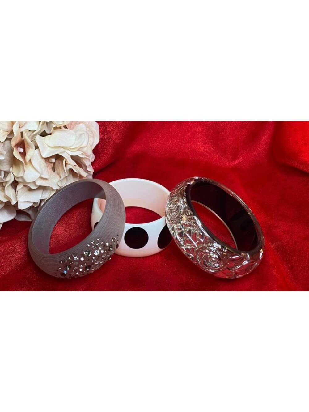 Retro Bangle Bracelet Lot Polka Dot Rhinestone Lucite Resin Set Of 3 Vintage - Picture 2 of 8